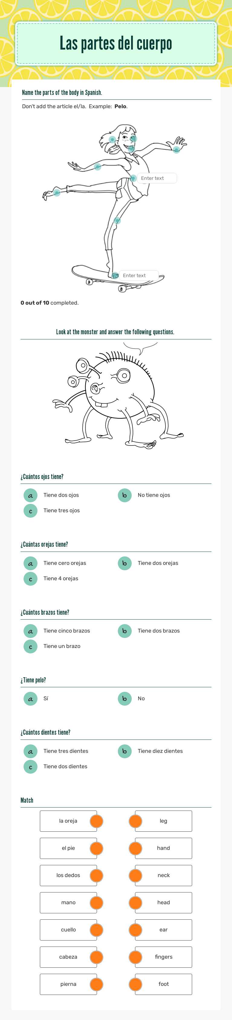 Las partes del cuerpo worksheet preview image