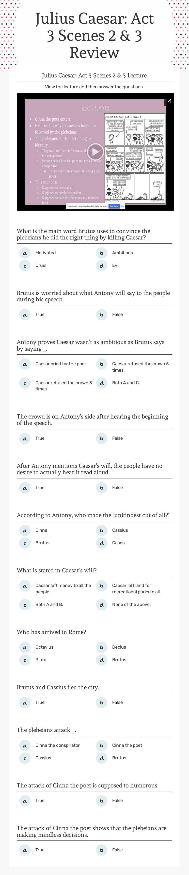 Julius Caesar: Act 3 Scenes 2 & 3 Review worksheet preview image