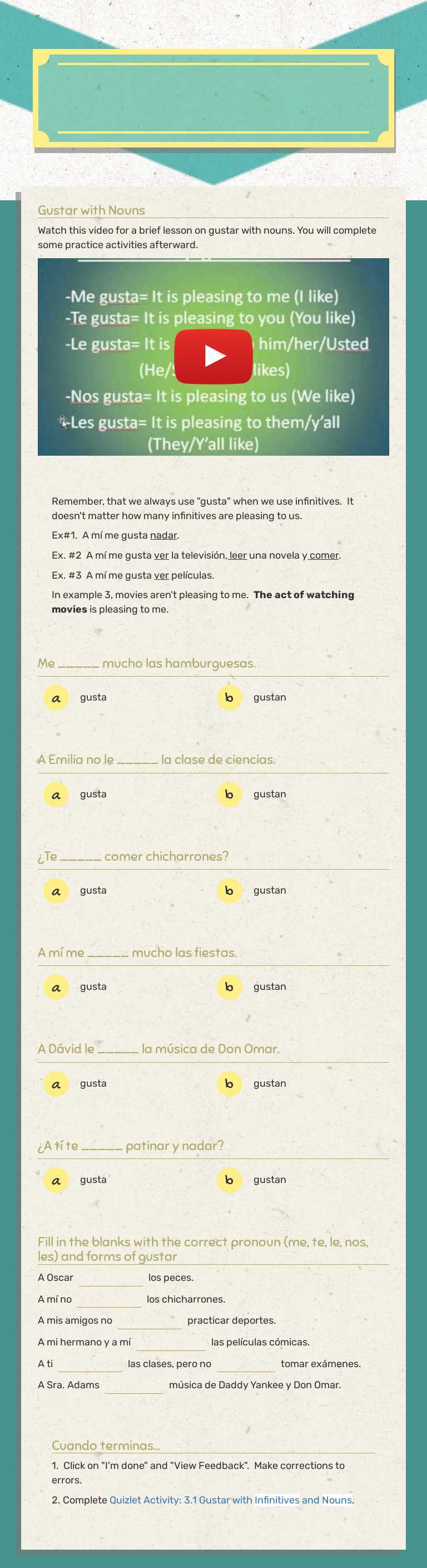Gustar y pronombres de Comp. Indirecto worksheet preview image