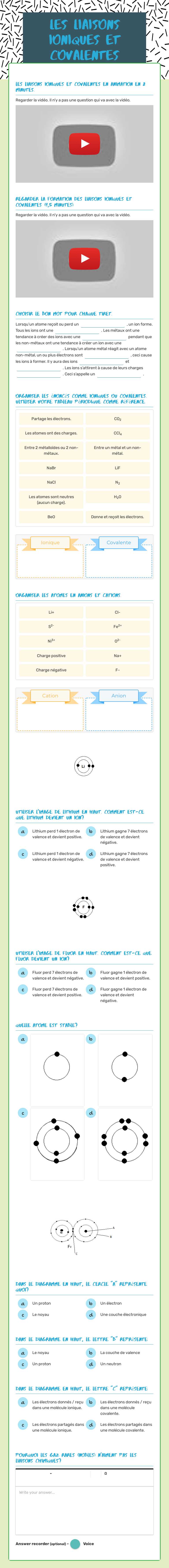 Les liaisons ioniques et covalentes Grade 9 worksheet preview