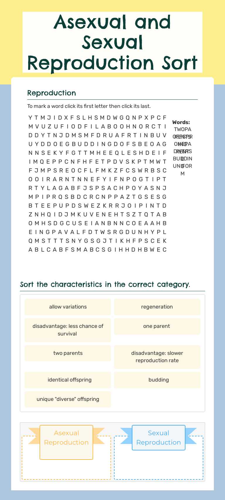 Asexual and Sexual Reproduction Sort worksheet preview image