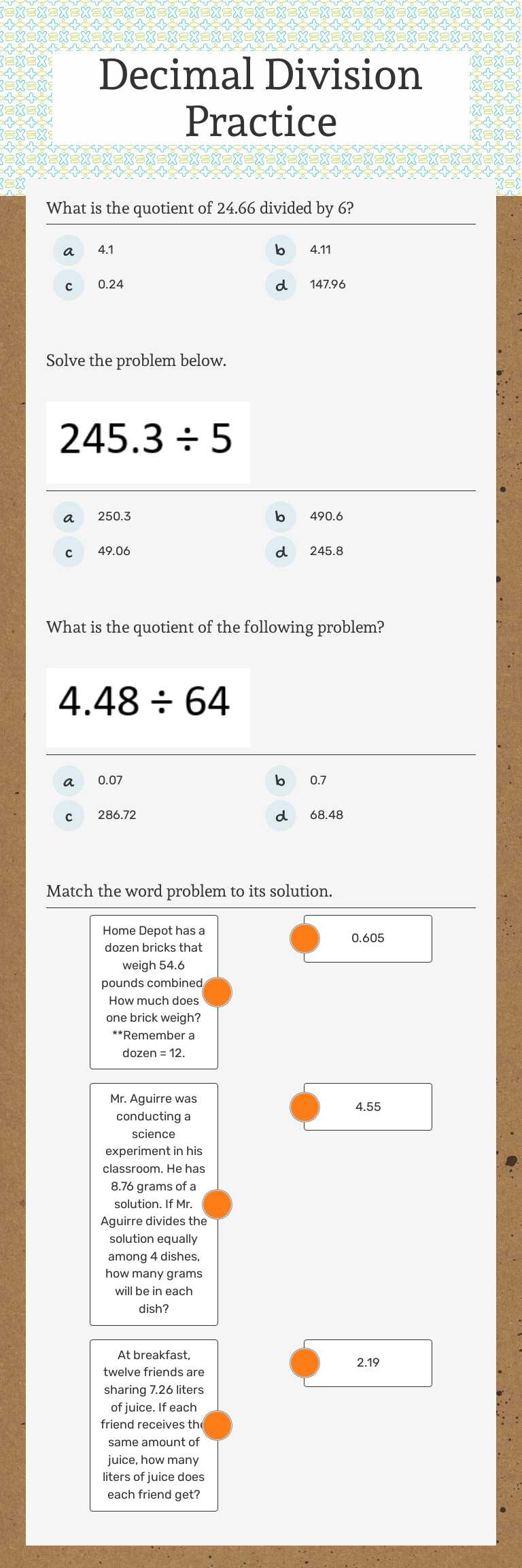 Decimal Division Practice worksheet preview image