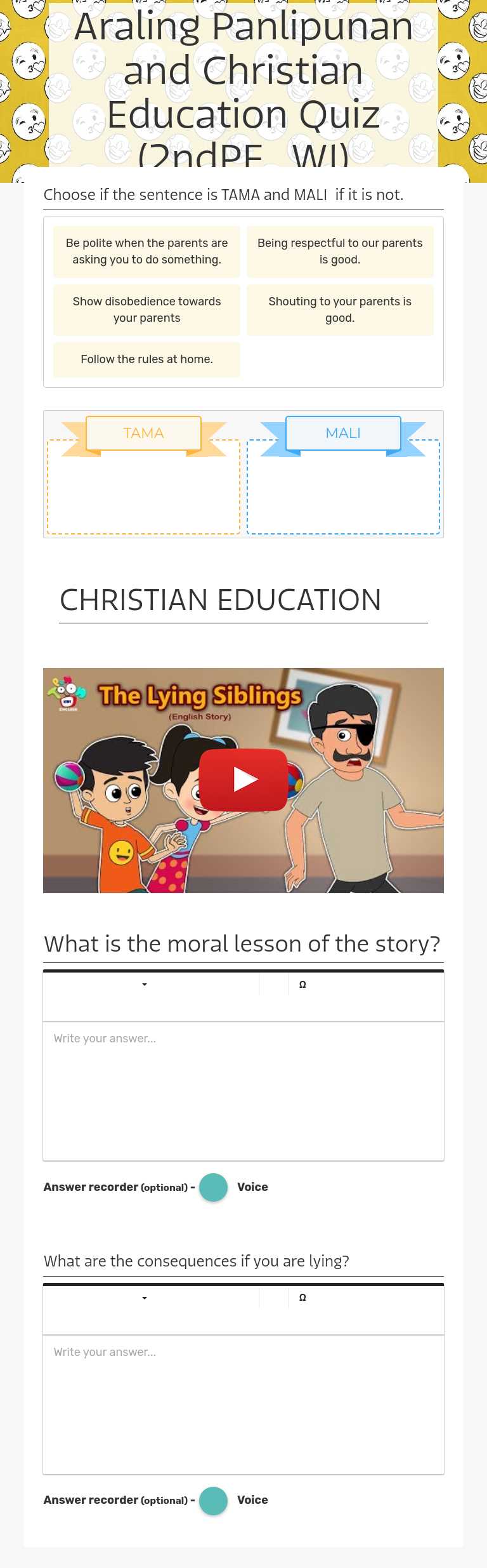 Araling Panlipunan and Christian Education Quiz (2ndPE_W1) worksheet preview image