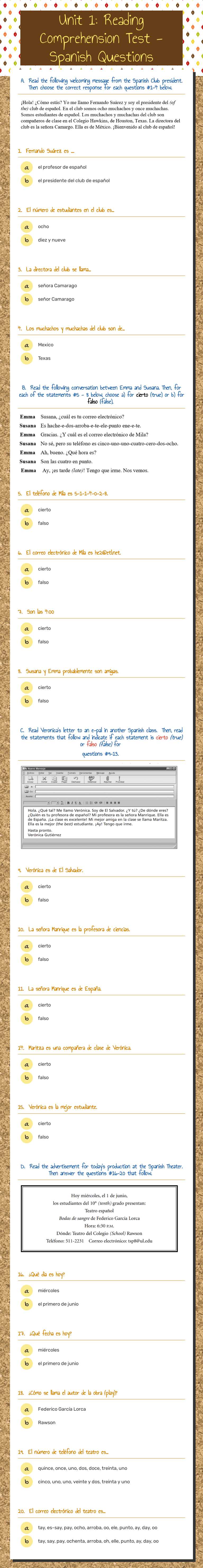 Unit 1: Reading Comprehension Test - Spanish Questions worksheet preview image