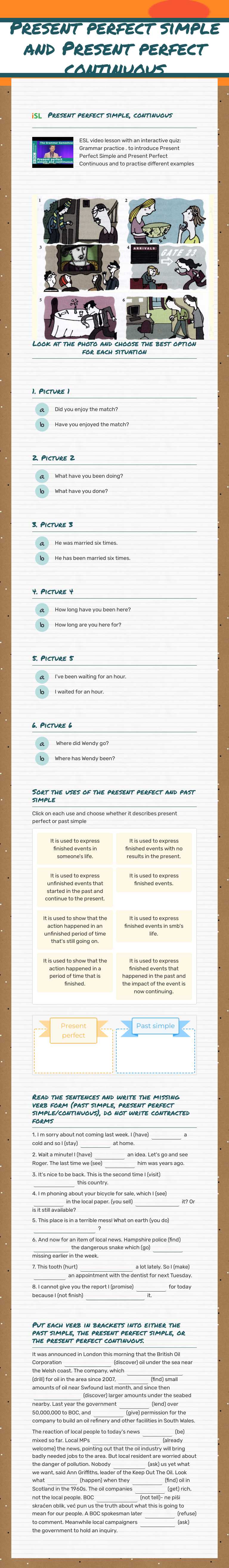 Present perfect simple and
Present perfect continuous worksheet preview image