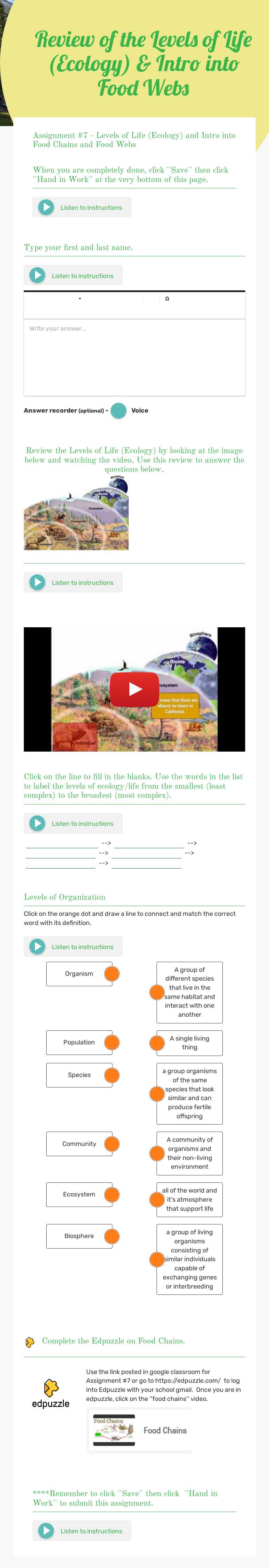 Review of the Levels of Life (Ecology) & Intro into Food Webs worksheet preview image