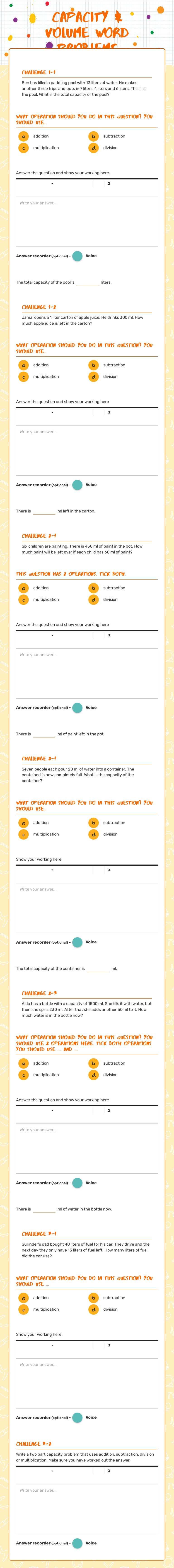 Capacity & Volume word problems worksheet preview image