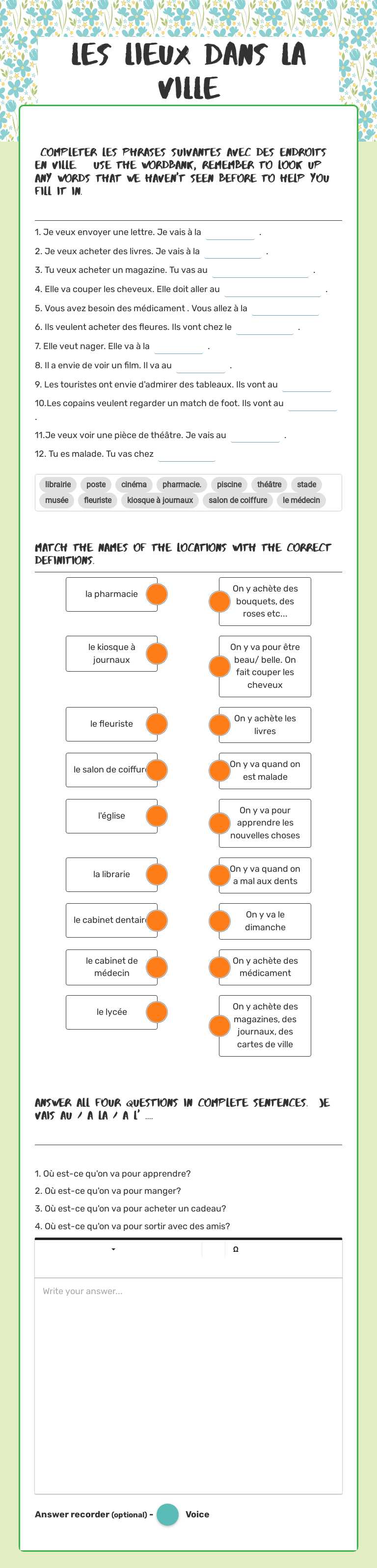 Les lieux dans la ville worksheet preview image