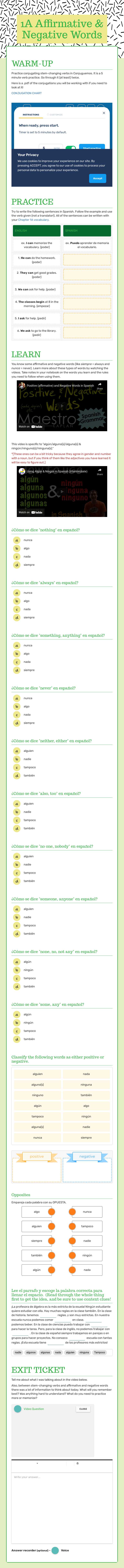 1A Affirmative & Negative Words Grade 10 worksheet preview