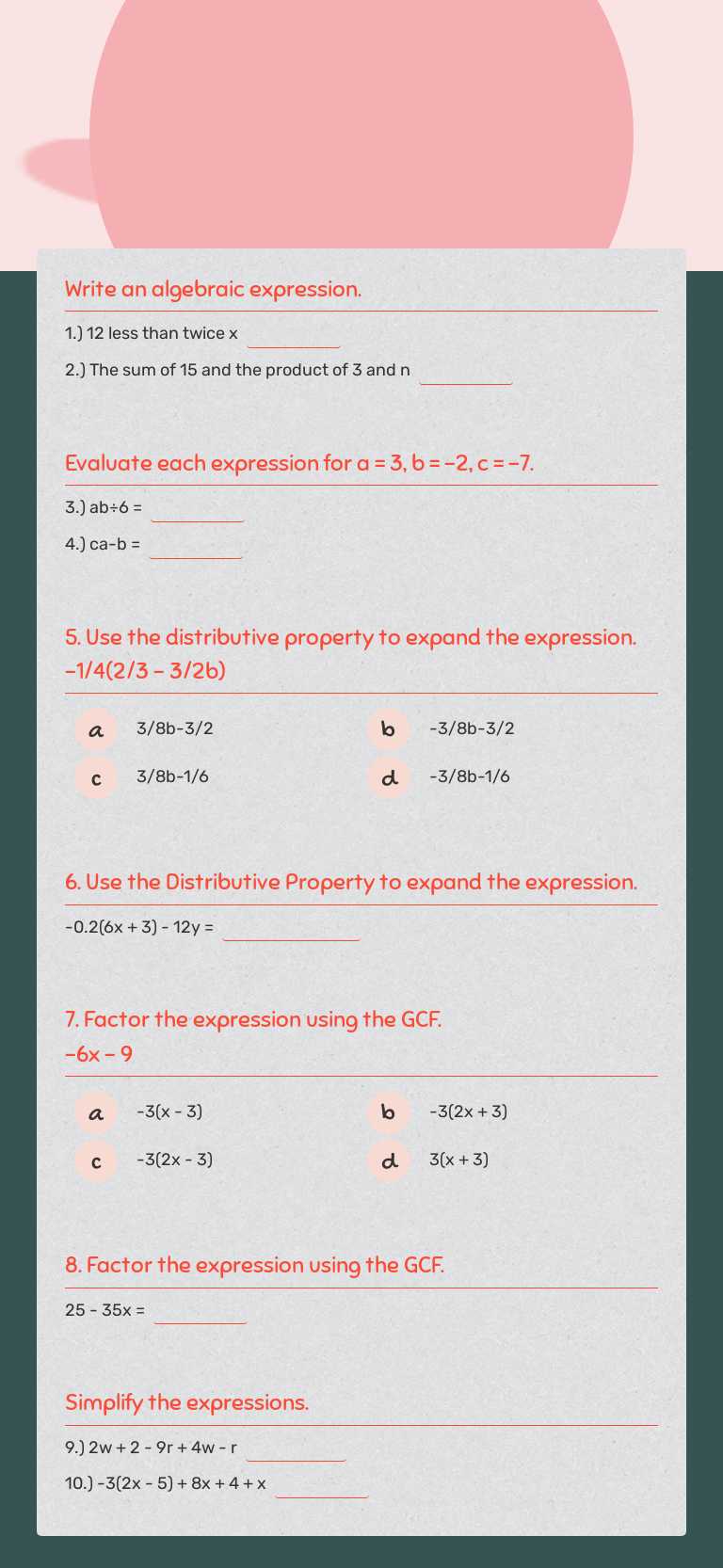 Expressions Quiz Review Grade 7 worksheet preview