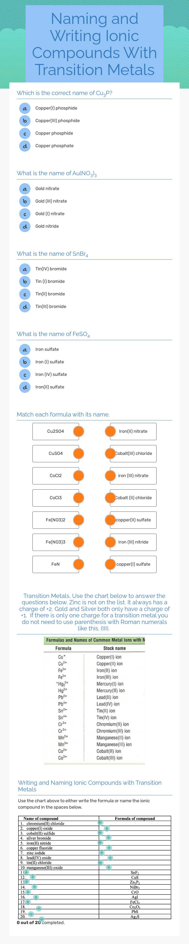 Naming and Writing Ionic Compounds With Transition Metals worksheet preview image