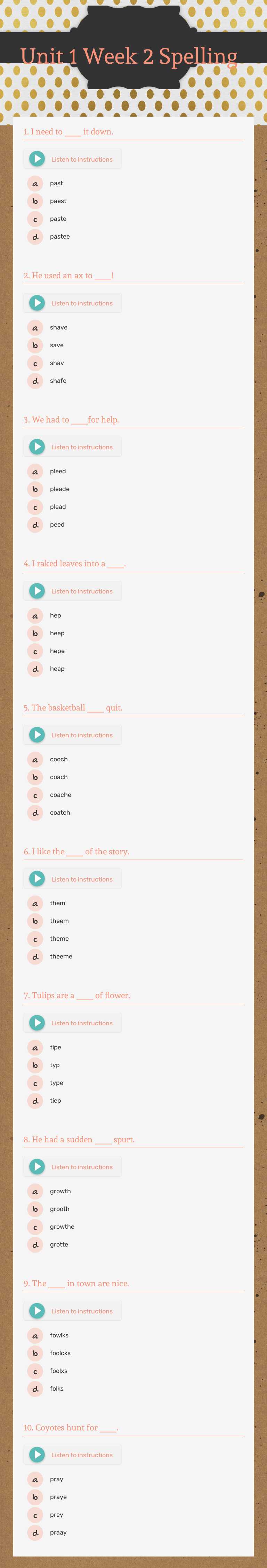 Unit 1 Week 2 Spelling worksheet preview