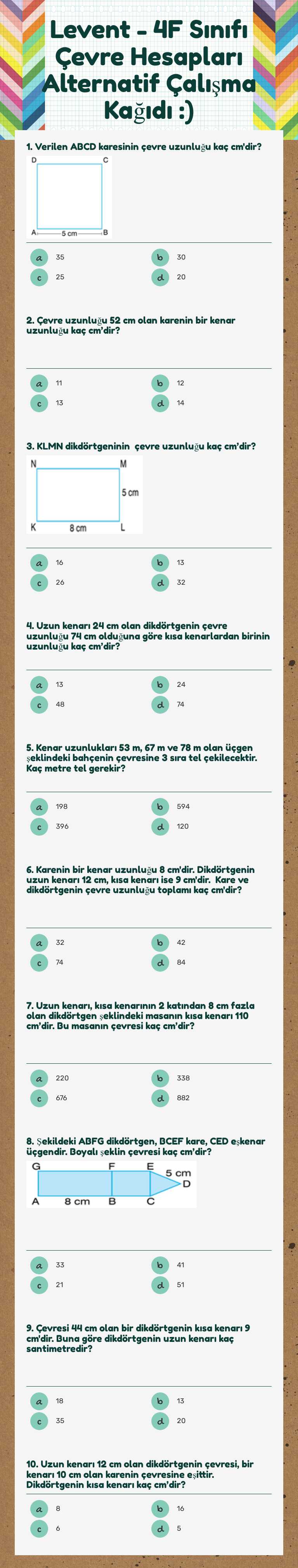 Levent - 4F Sınıfı Çevre Hesapları Alternatif Çalışma Kağıdı :) worksheet preview image