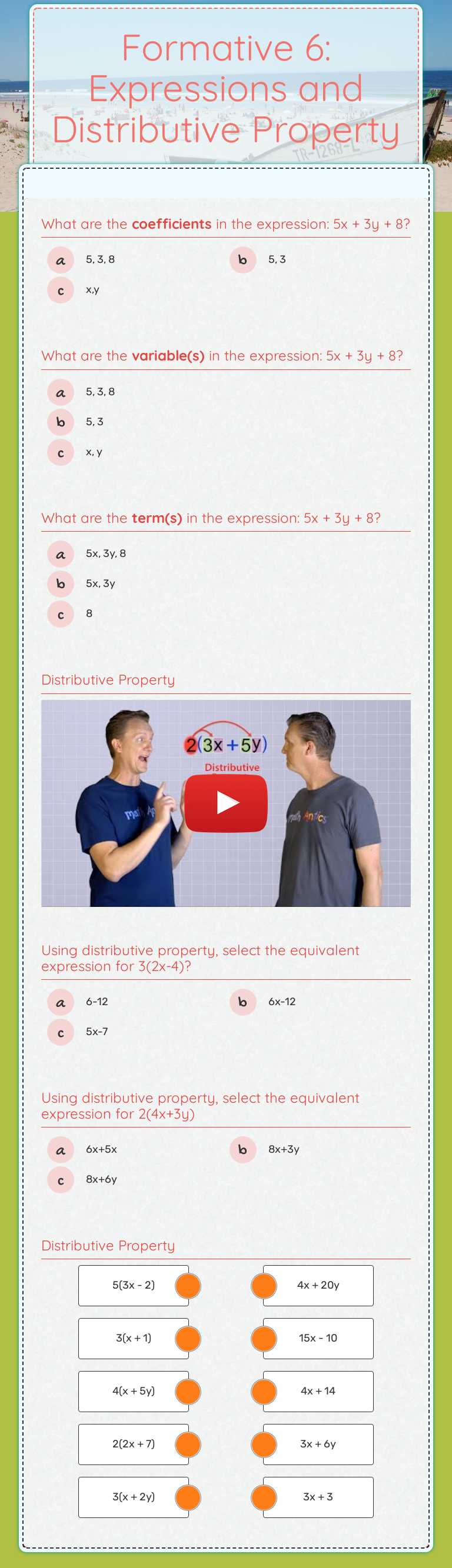 Formative 6: Expressions and Distributive Property worksheet preview image
