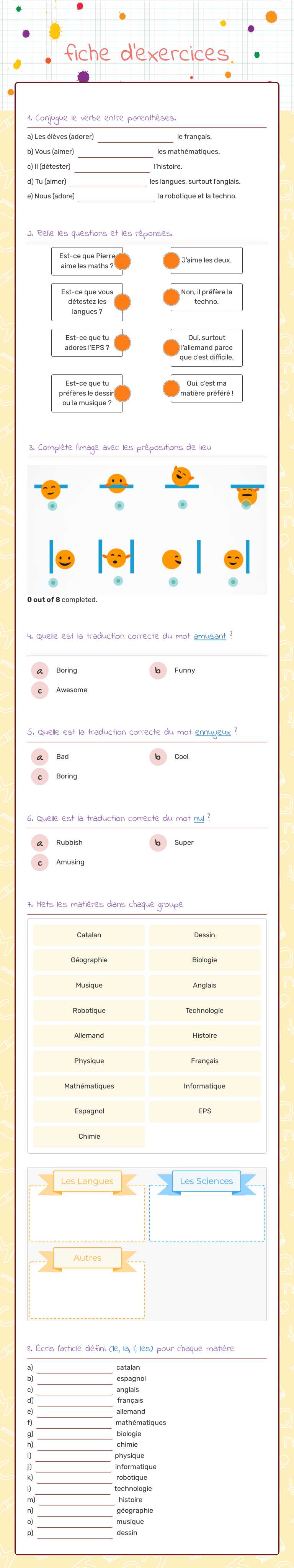 fiche d'exercices Grade 7 worksheet preview