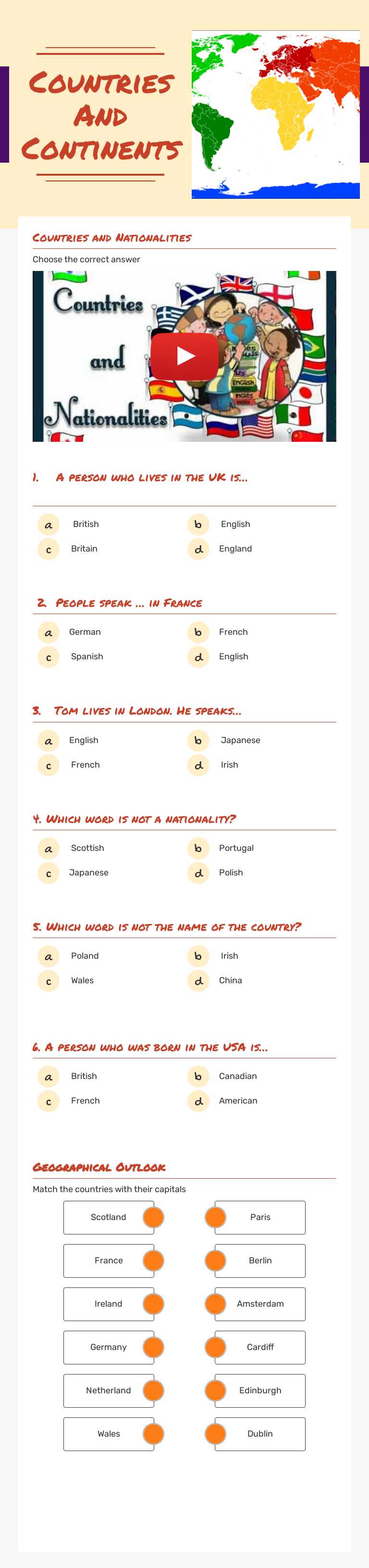 Countries And Continents worksheet preview image
