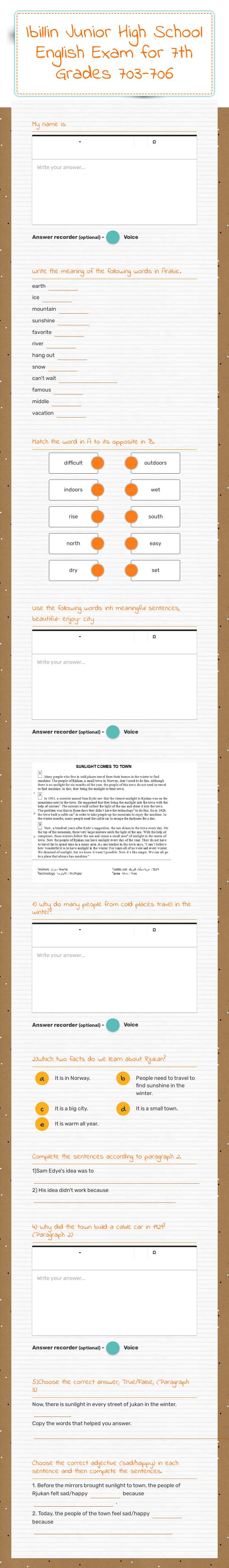 Ibillin Junior High School English Exam for 7th Grades 703-706 worksheet preview
