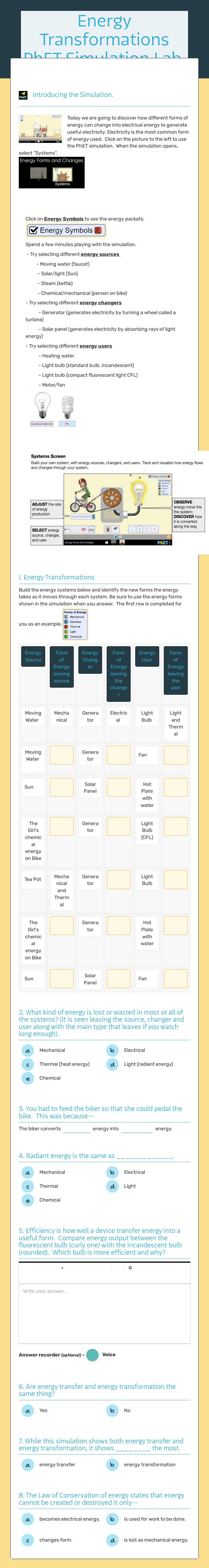 Energy Transformations  PhET Simulation Lab. worksheet preview image