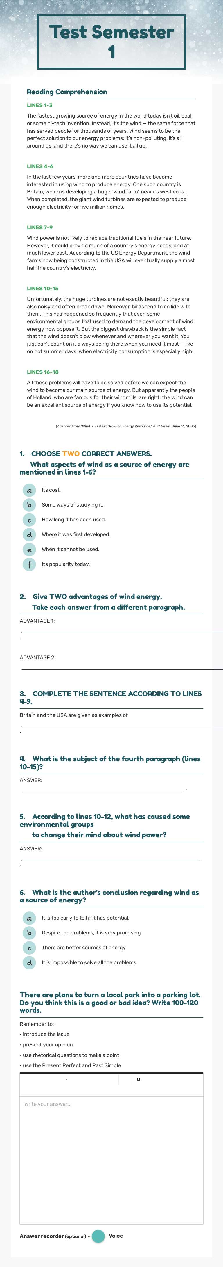 Test Semester 1 worksheet preview image