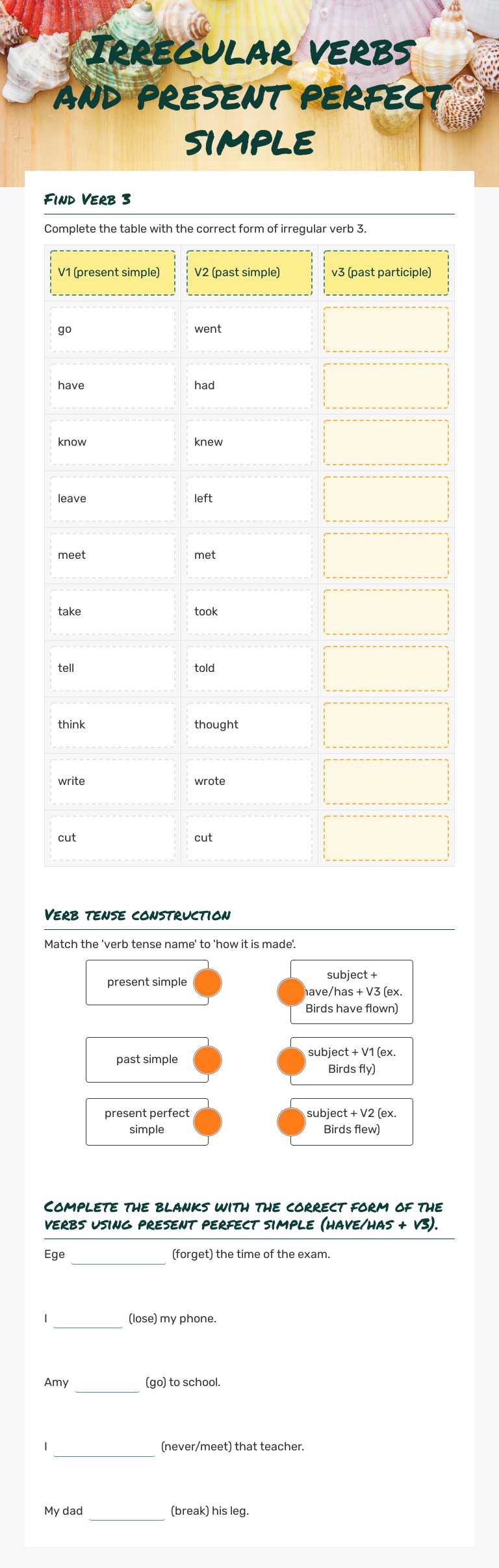 Irregular verbs and present perfect simple worksheet preview image