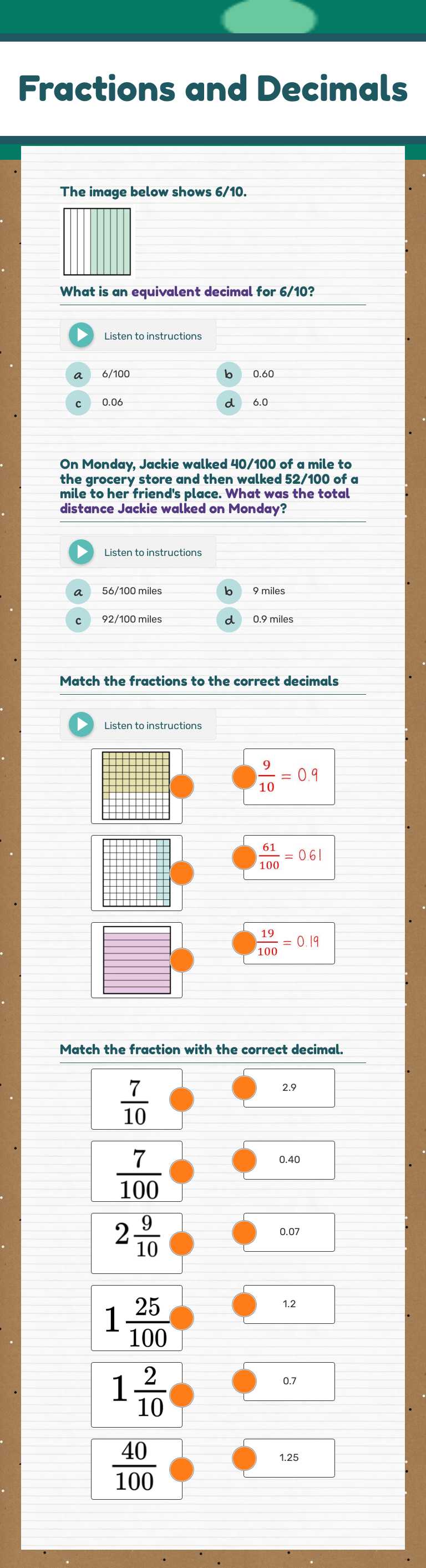 Fractions and Decimals Grade 4 worksheet preview