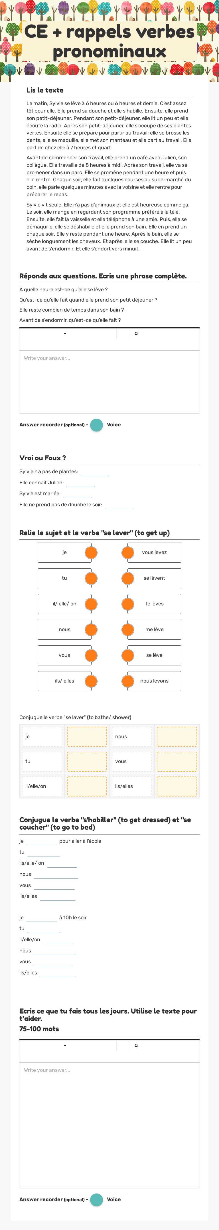 CE + rappels verbes pronominaux worksheet preview image