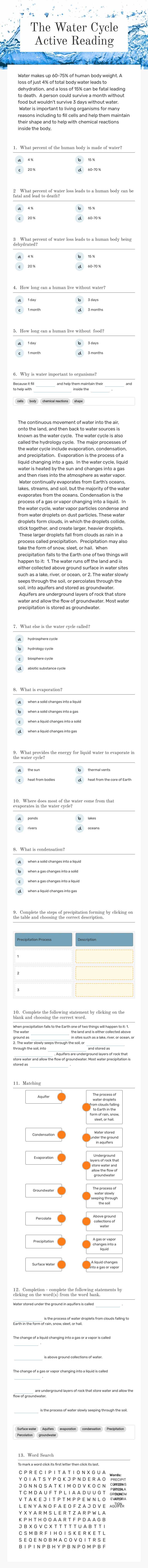 The Water Cycle Active Reading worksheet preview image