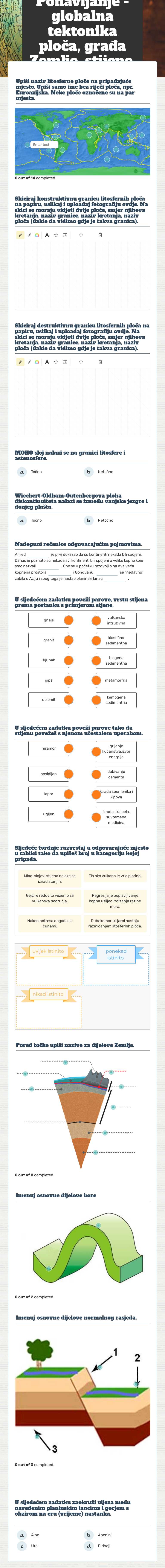 Ponavljanje - globalna tektonika ploča, građa Zemlje, stijene,  orogeni pokreti Grade 9 worksheet preview