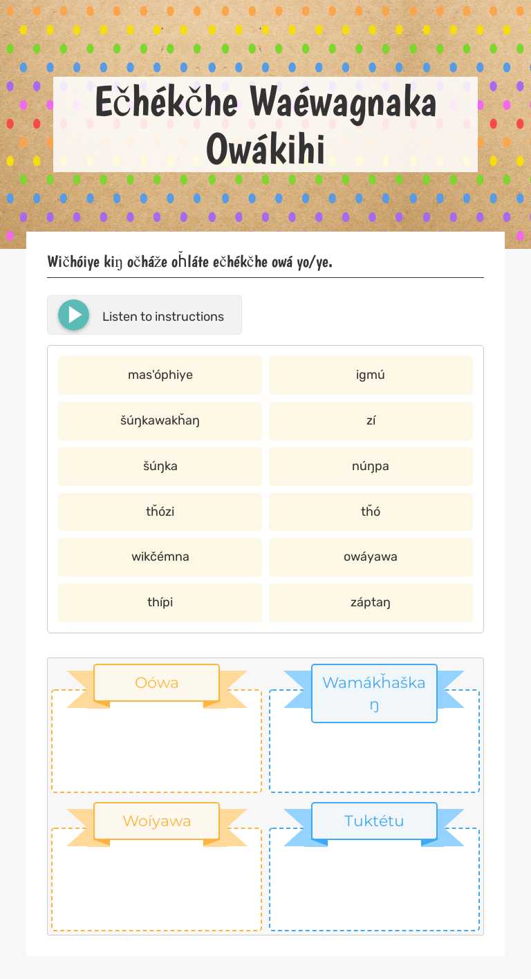 Ečhékčhe Waéwagnaka Owákihi worksheet preview image