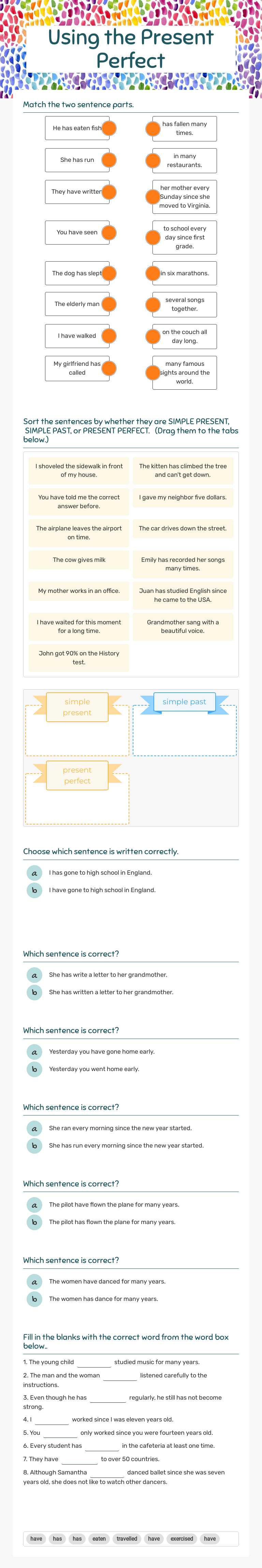 Using the Present Perfect Grade 6 worksheet preview