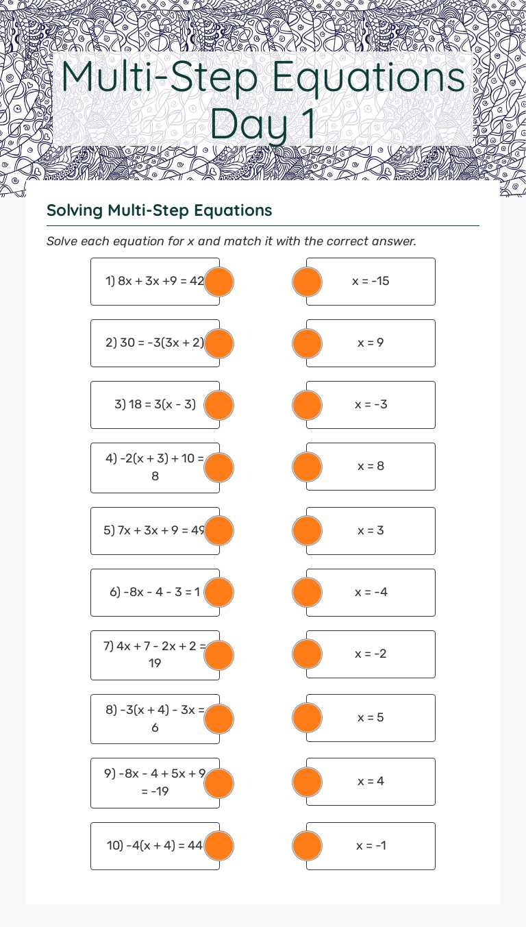 Multi-Step Equations Day 1 worksheet preview image