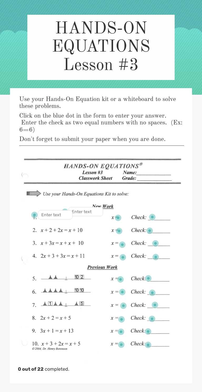 HANDS-ON EQUATIONS Lesson #3 worksheet preview image