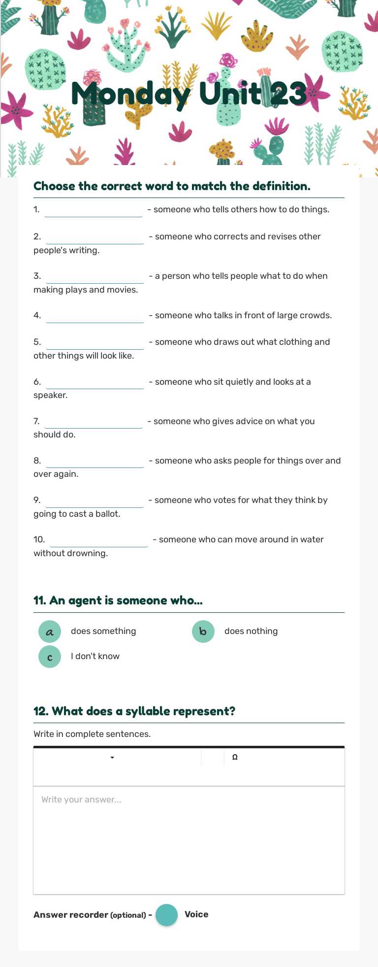 Monday 
Unit 23 worksheet preview image