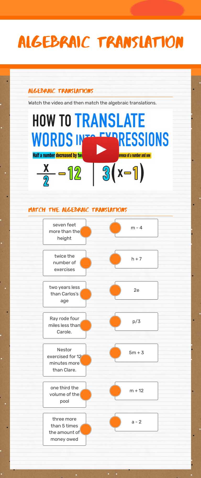 Algebraic Translation worksheet preview image