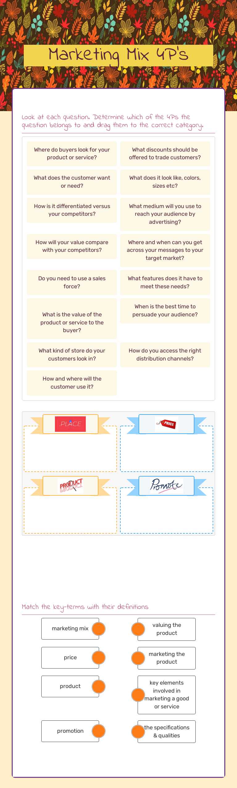 Marketing Mix 4P's Grade 10 worksheet preview