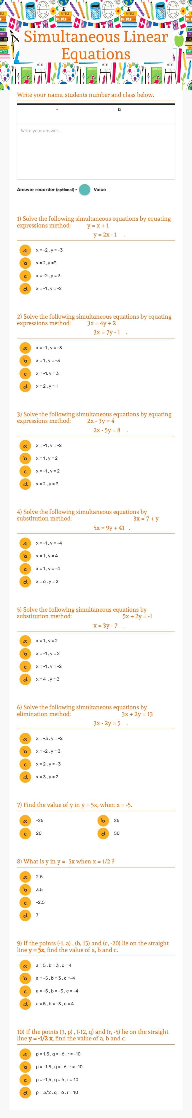 Simultaneous Linear Equations worksheet preview image