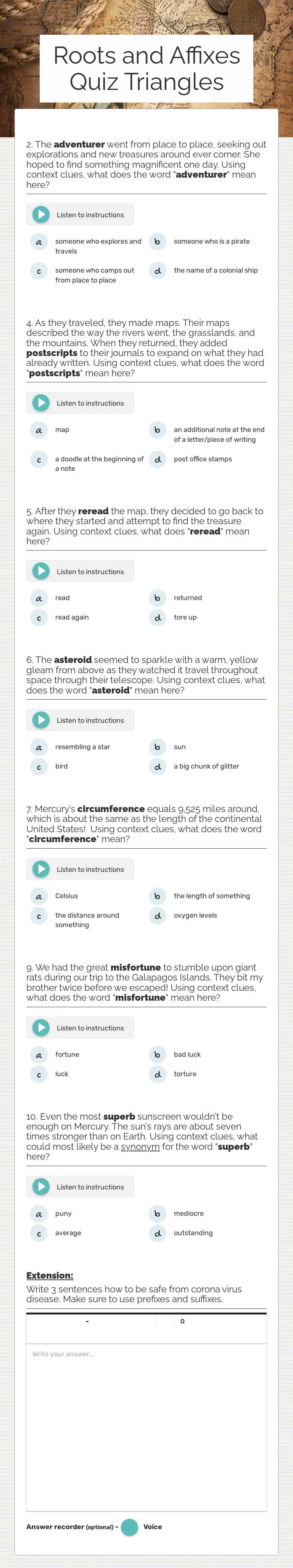 Roots and Affixes Quiz Triangles Grade 6 worksheet preview