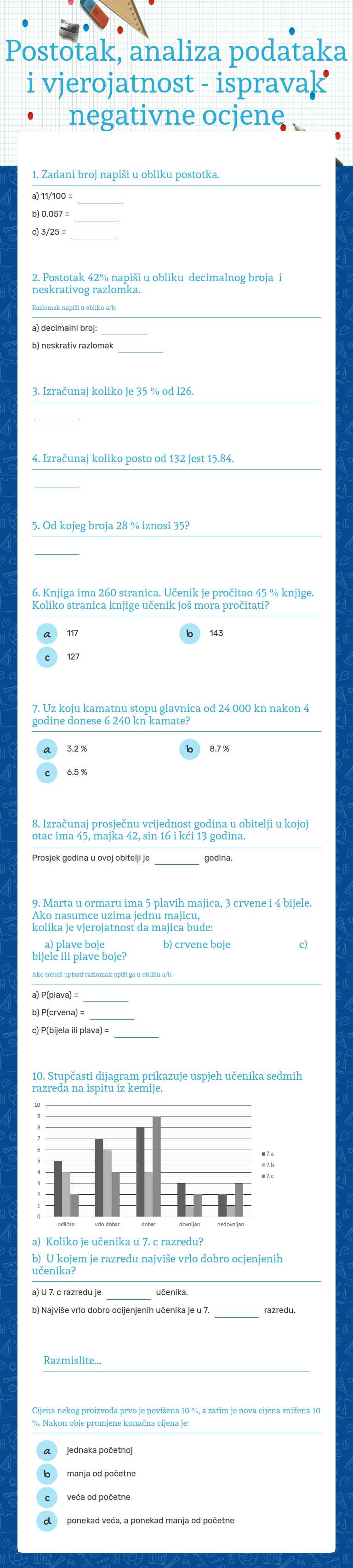 Postotak, analiza podataka i vjerojatnost - ispravak negativne ocjene worksheet preview image