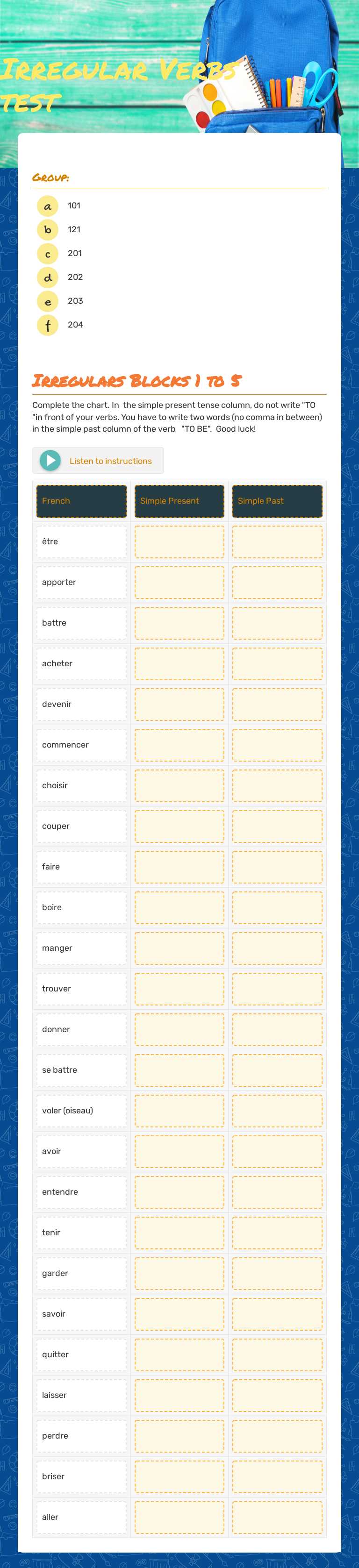 Irregular Verbs test worksheet preview image