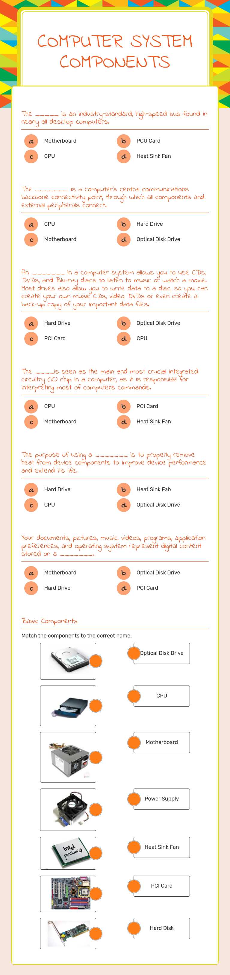 Computer System Components worksheet preview image