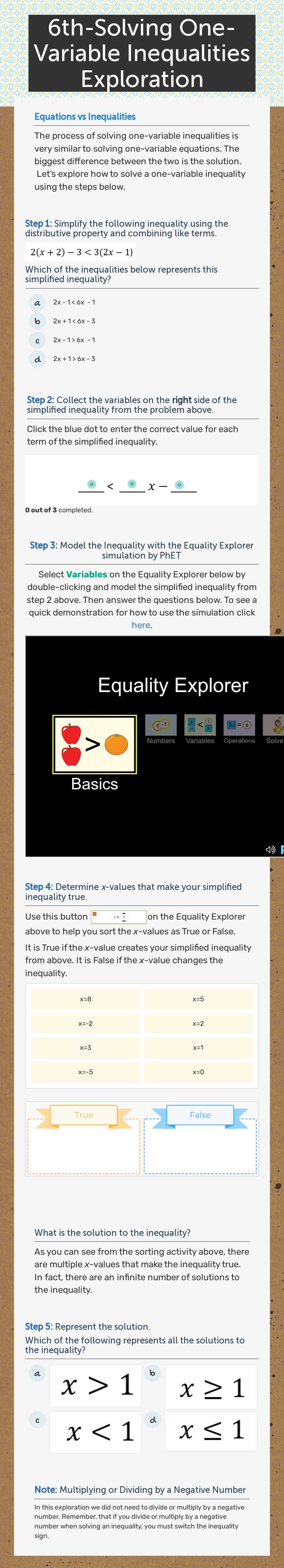 6th-Solving One-Variable Inequalities Exploration Grade 9 worksheet preview
