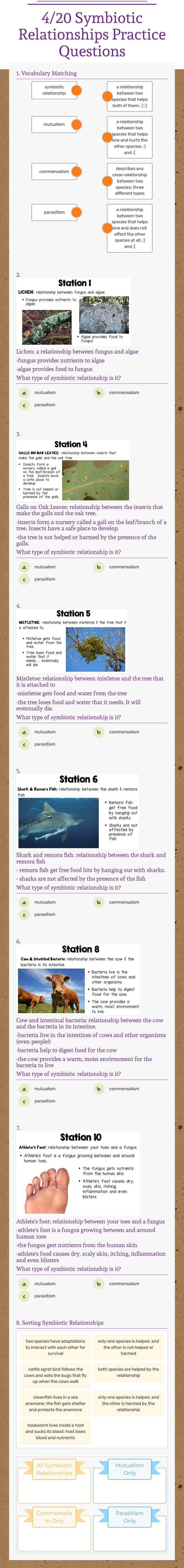 4/20 Symbiotic Relationships Practice Questions worksheet preview image