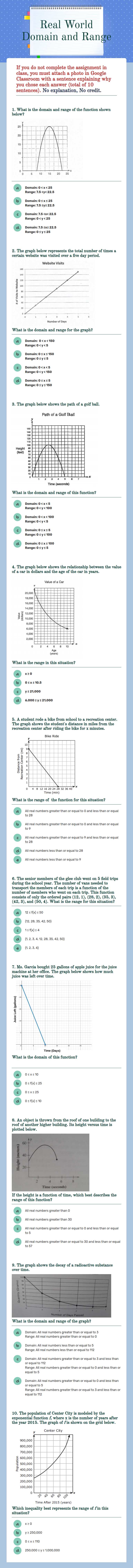 Real World Domain and Range worksheet preview image