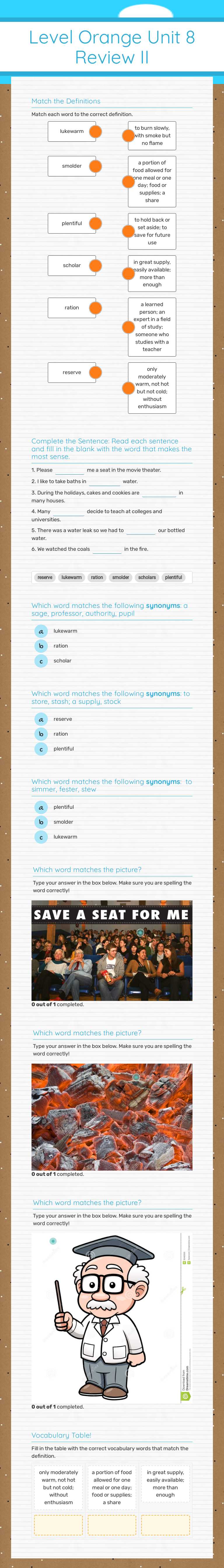 Level Orange Unit 8 Review II worksheet preview image