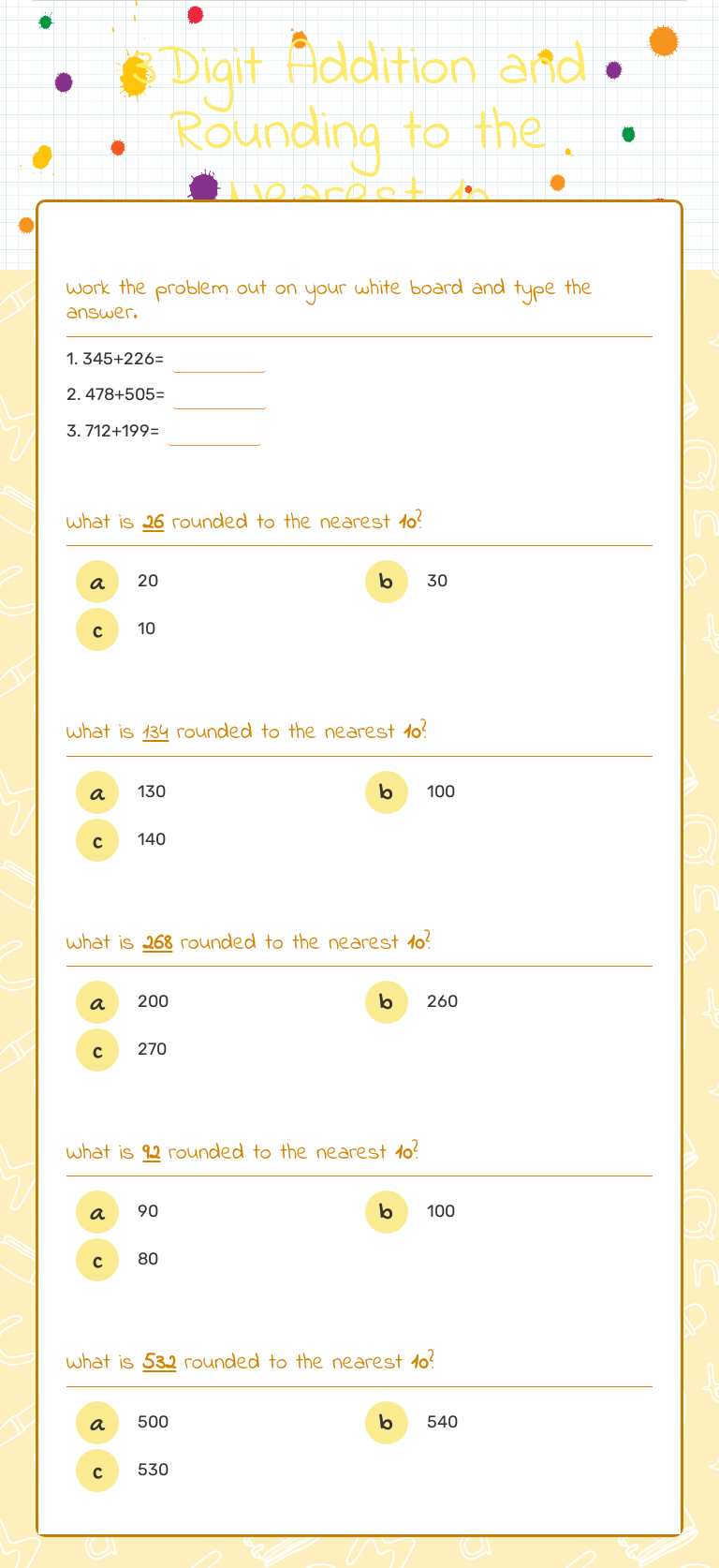 3Digit Addition and Rounding to the Nearest 10 worksheet preview image