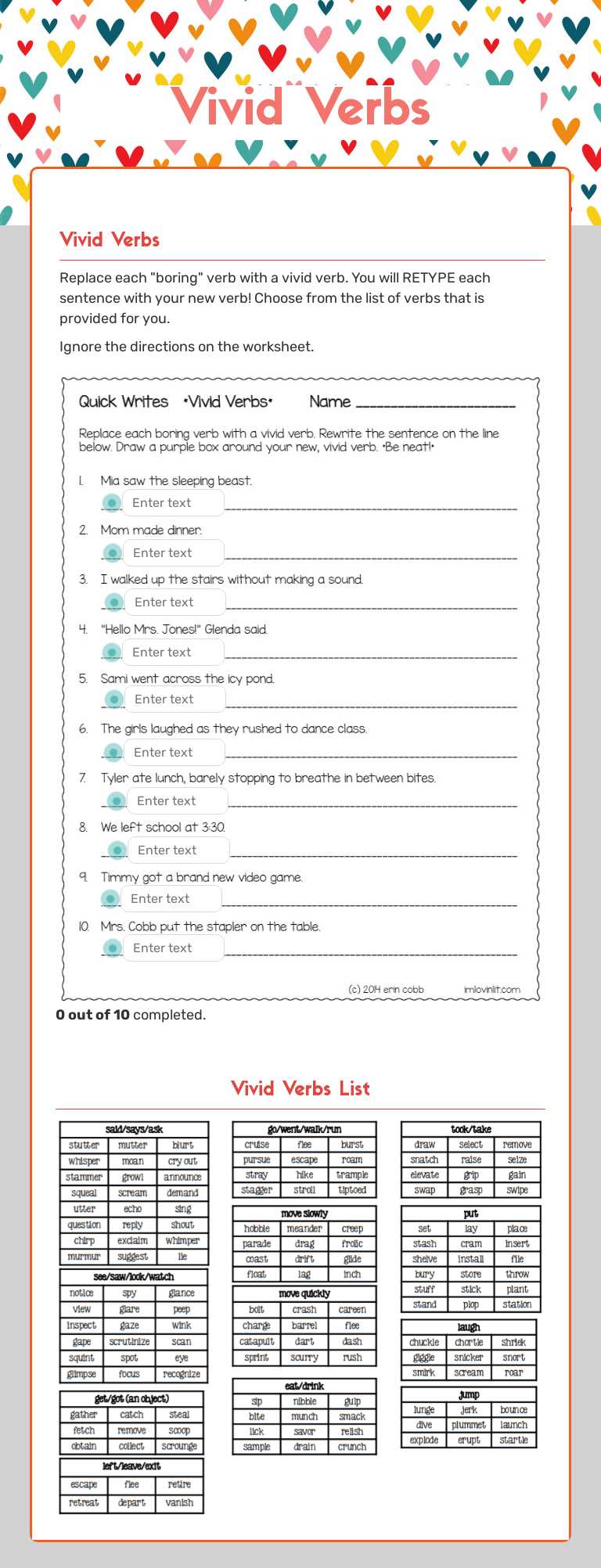 Vivid Verbs worksheet preview image
