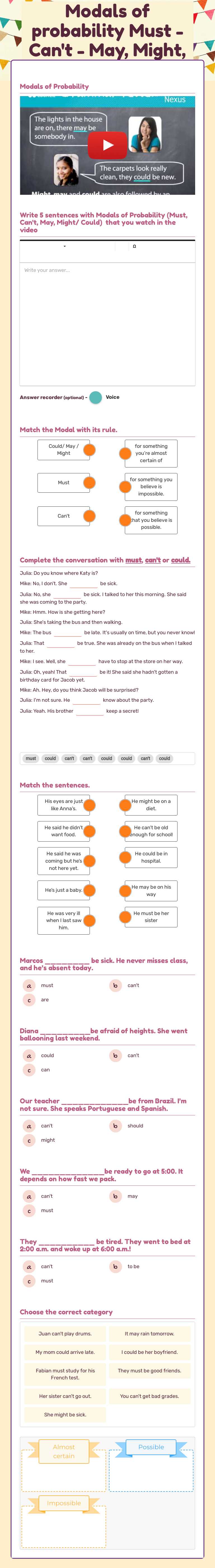 Modals of probability Must - Can't - May, Might, Could worksheet preview image