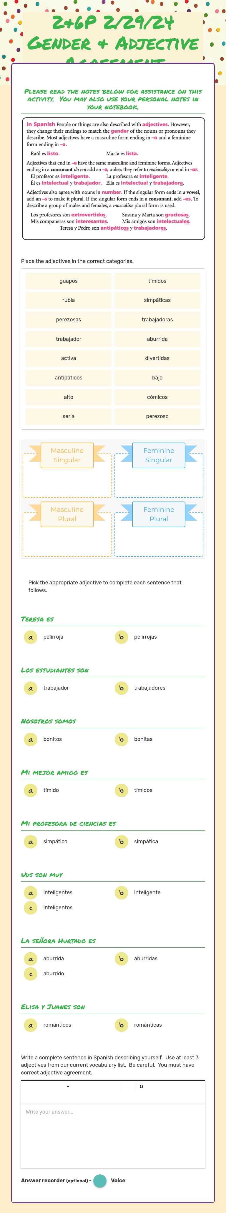 2&6P 3/5/2025 Gender & Adjective Agreement worksheet preview image