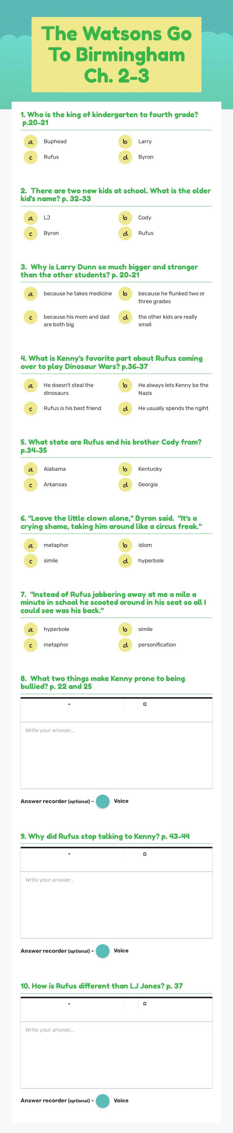 The Watsons Go To Birmingham Ch. 2-3 Grade 5 worksheet preview