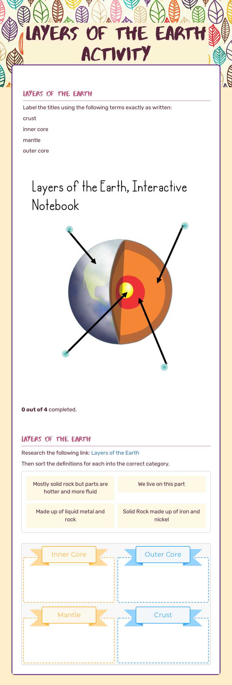 Layers of the Earth Activity Grade 8 worksheet preview